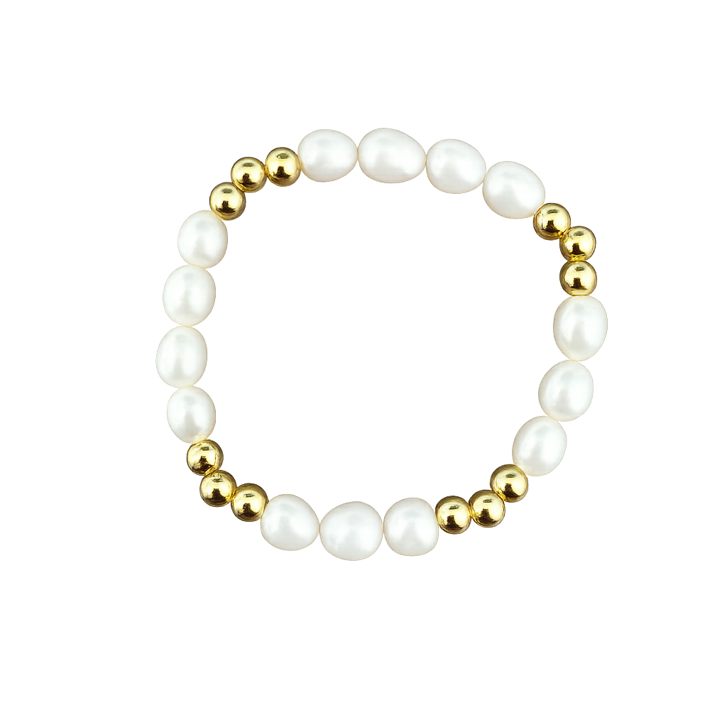 Pearl bracelet with gold beads on a white background