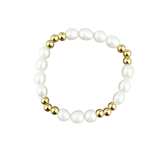 Pearl bracelet with gold beads on a white background