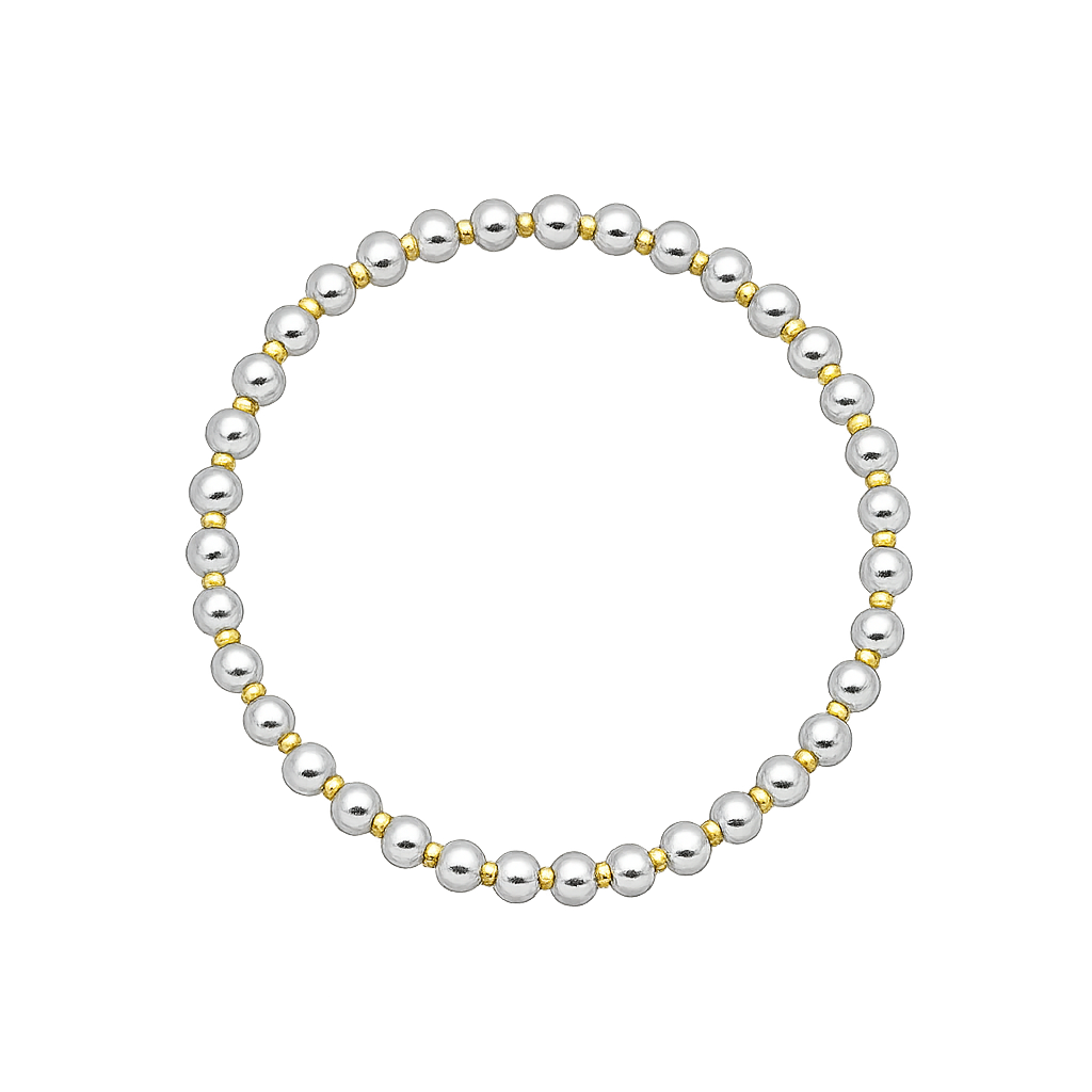 Silver bracelet with alternating gold and silver beads on a white background