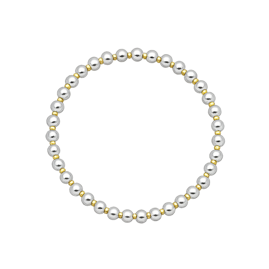 Silver bracelet with alternating gold and silver beads on a white background