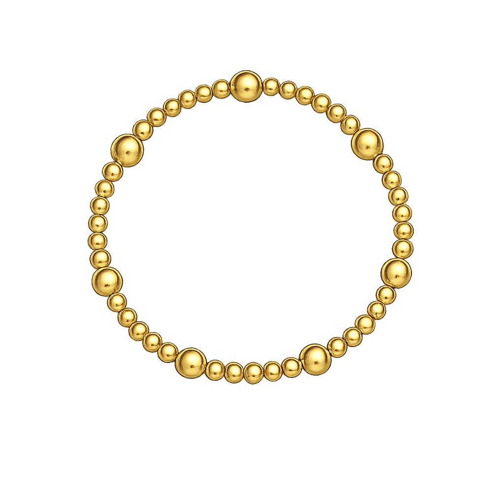 A gold beaded bracelet with alternating large and small polished spherical beads, arranged in a circular shape on a plain white background.