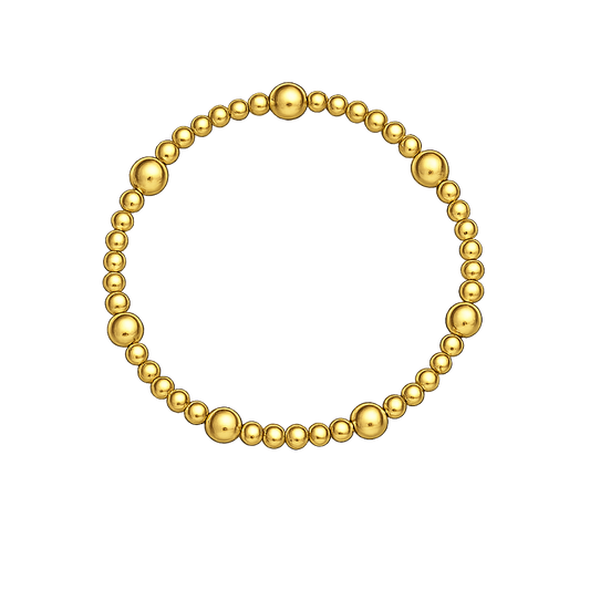 A gold beaded bracelet with alternating large and small polished spherical beads, arranged in a circular shape on a plain white background.