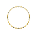 A gold beaded bracelet arranged in a neat circle on a solid white background.