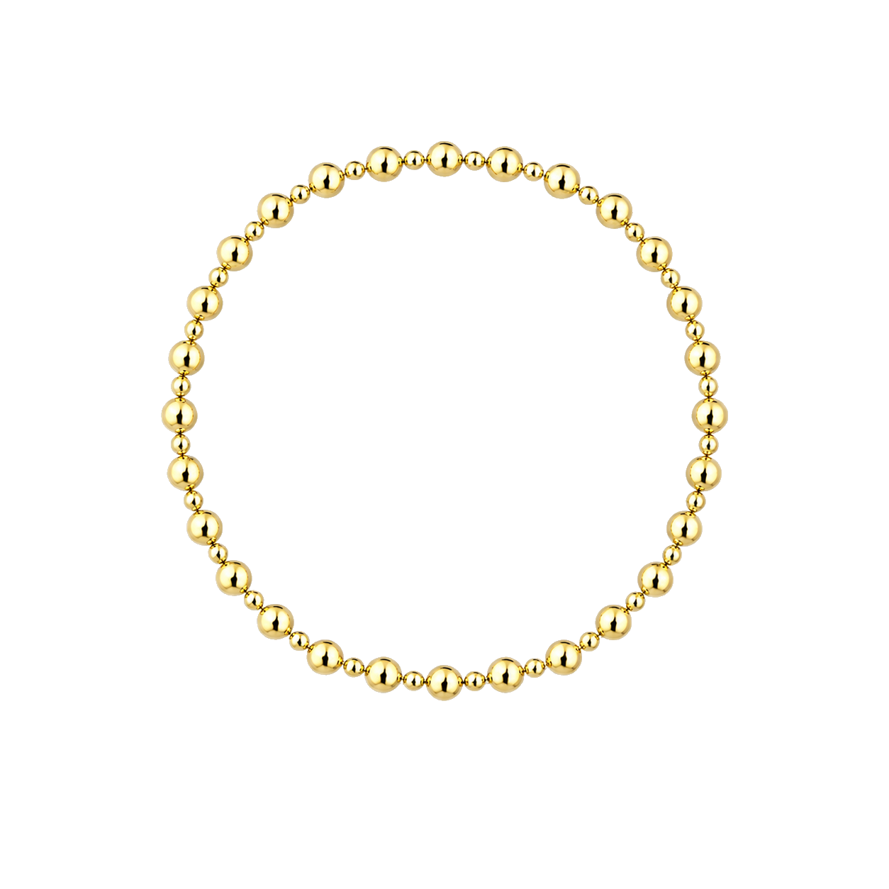 A gold beaded bracelet arranged in a neat circle on a solid white background.