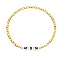 Gold beaded bracelet with a small white bead displaying 'MOM' on a white background