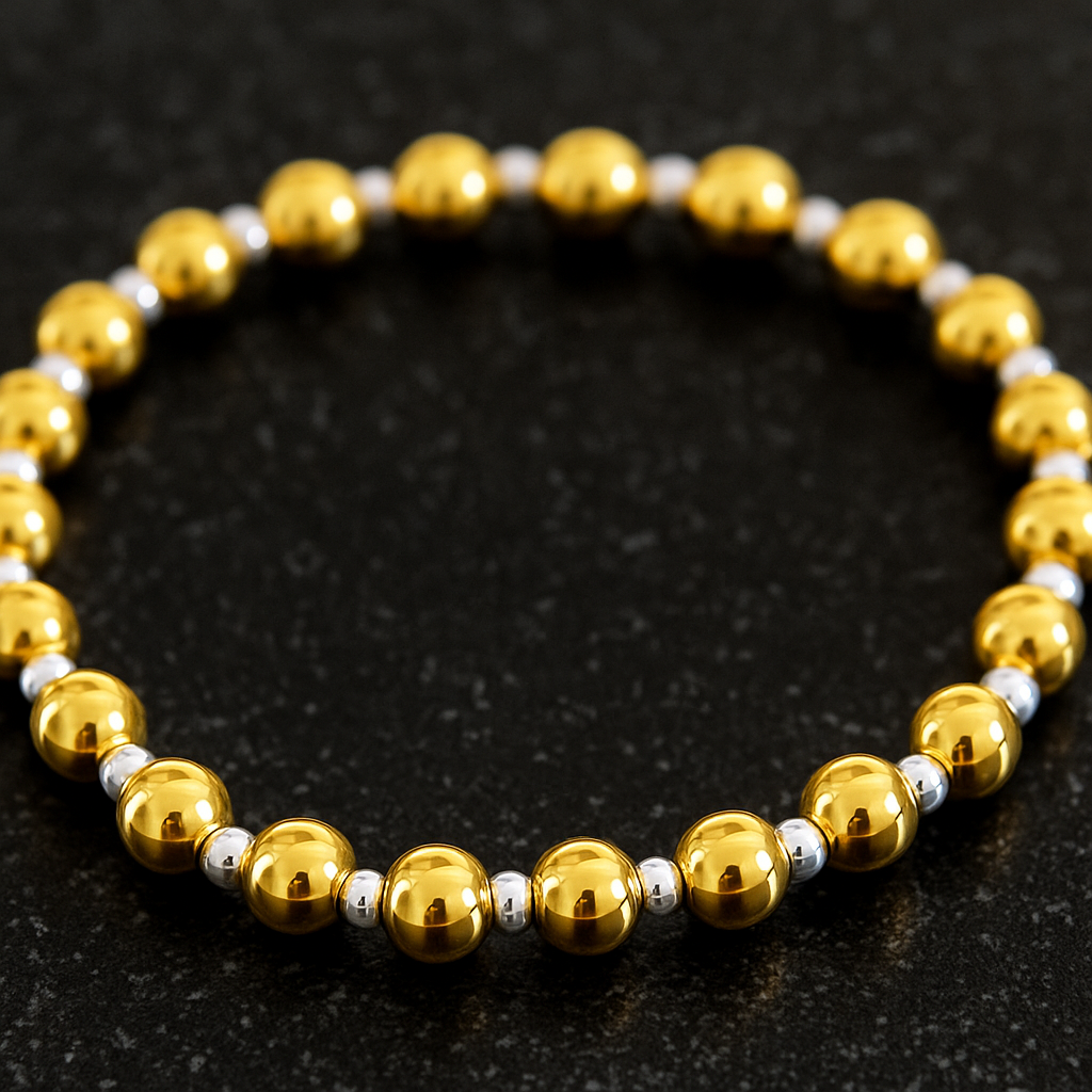Gold and silver beaded bracelet on a dark textured background