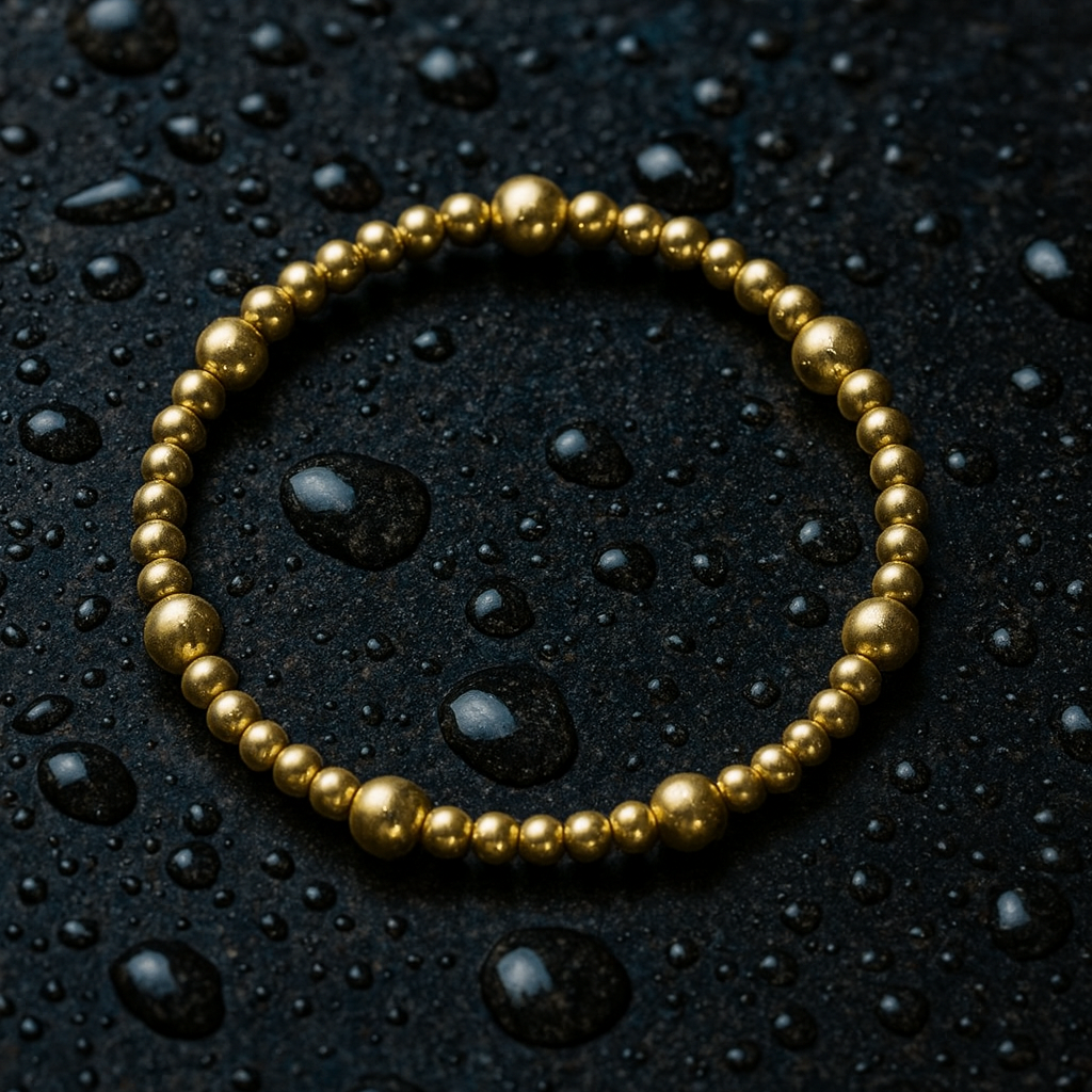 Gold bracelet on a black surface with water droplets